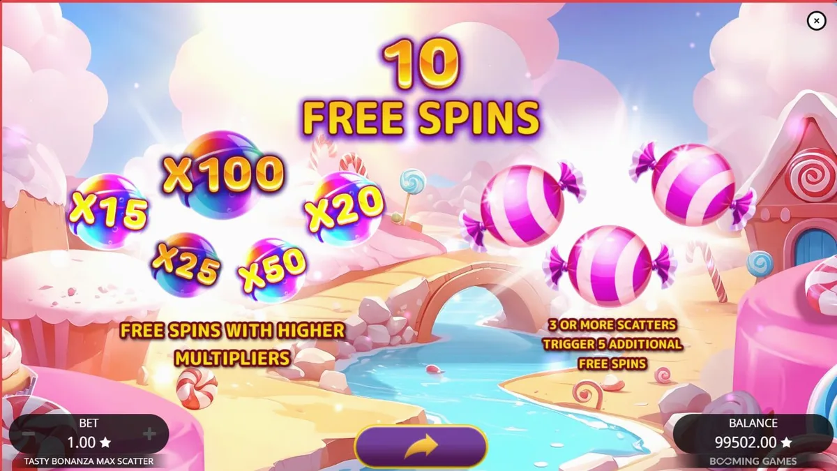 Interface colorida e vibrante do slot Tasty Bonanza Max Scatter com doces e guloseimas