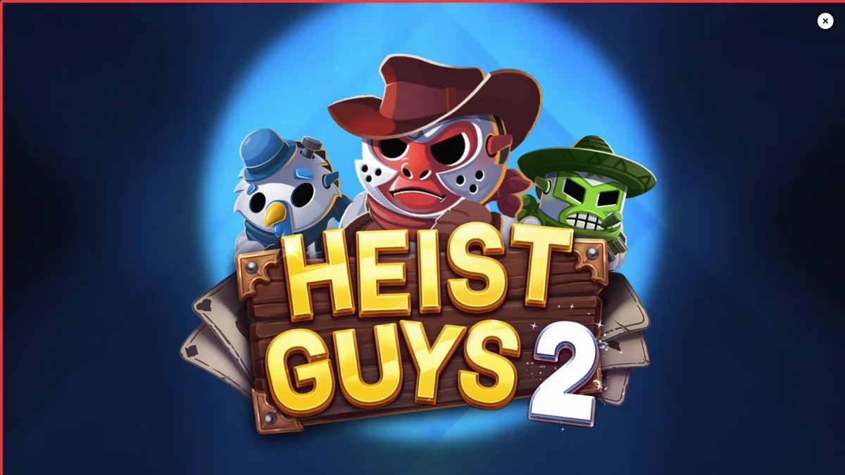 Três bandidos em estilo cartoon preparando um assalto em um cenário de faroeste no slot Heist Guys 2.